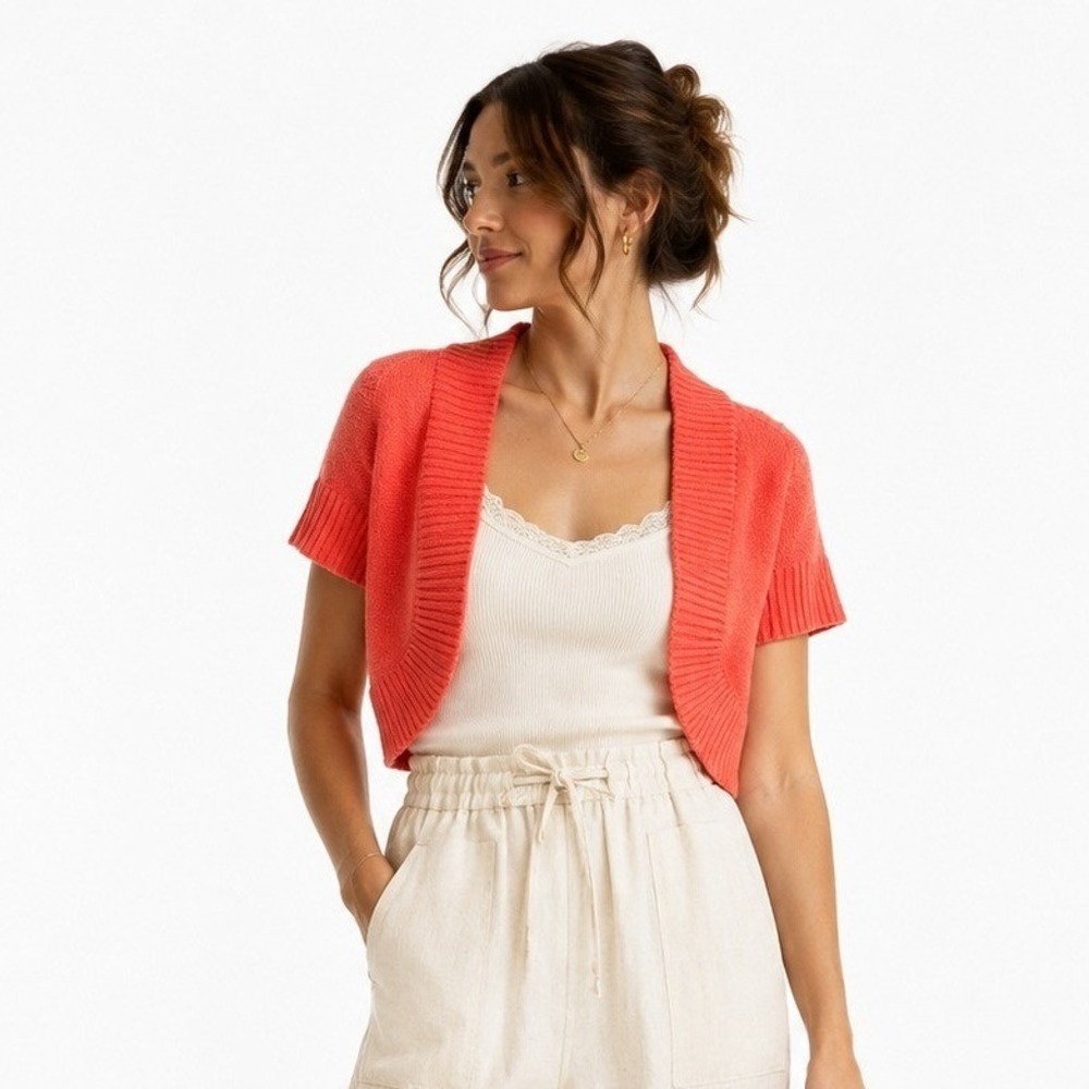 Coral Bolero Cardigan Women XS Short Sleeve Open Front Coastal Preppy Tribal